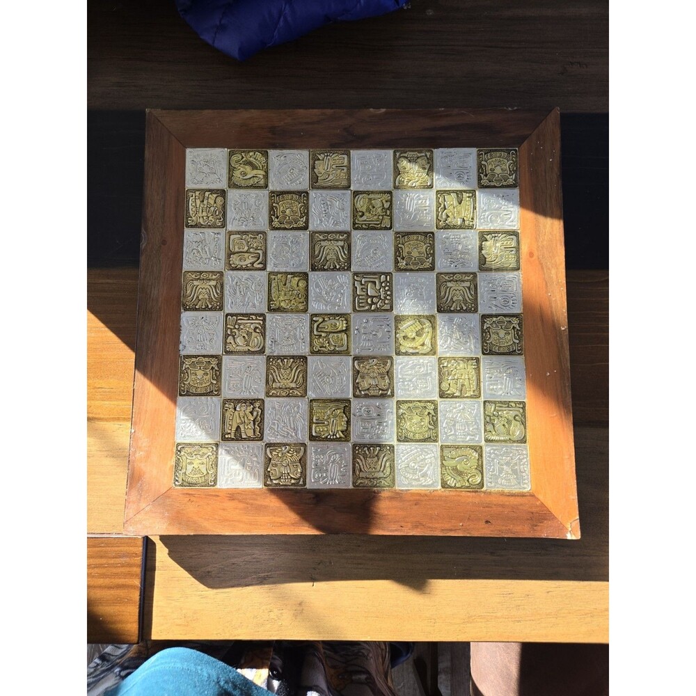 Vintage handcrafted Aztec-themed Wood chess board